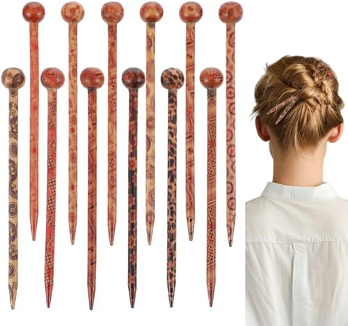 12 bastoncini per capelli in legno, stile bohémien, vintage, giapponesi, cinesi, decorativi, per chignon, chignon, chignon, accessori per acconciature