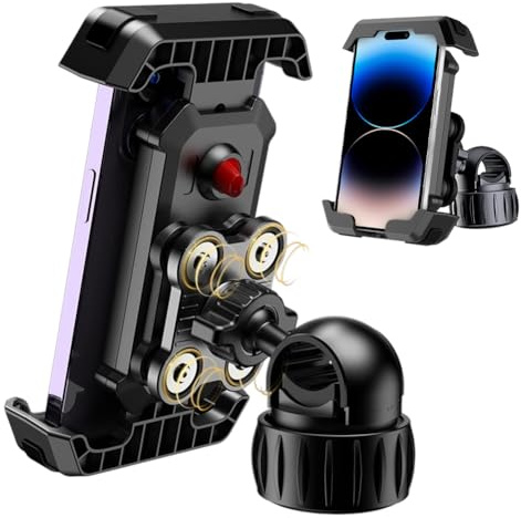 Peelanmall Soporte para teléfono móvil para moto, soporte para bicicleta de 2025 【Doble absorción de impactos mejorada】 Soporte ajustable de 360°, cierre rápido 1s, compatible con teléfonos de 4,7-7