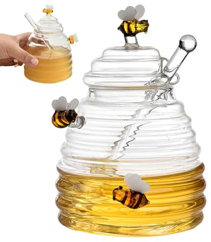 1Set Honey Pot with Cute Honeybees 500ml Honey Jar with Dipper and Lid Cover Pot and Drizzler Transparent Jar with Dipper for Store and Syrup