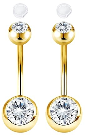 AceFun 2 piercing ombligo acero quirurgico 12mm oro con 2 tapones antideslizantes de silicona para mujer curvado CZ transparente con rosca exterior Joyas para piercings bonitas
