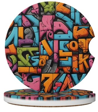 WZYWHJ Graffiti bianco bordo lettere stampe qualità ceramica auto sottobicchieri 2 pezzi | antiscivolo portabicchieri mat | Accessori auto