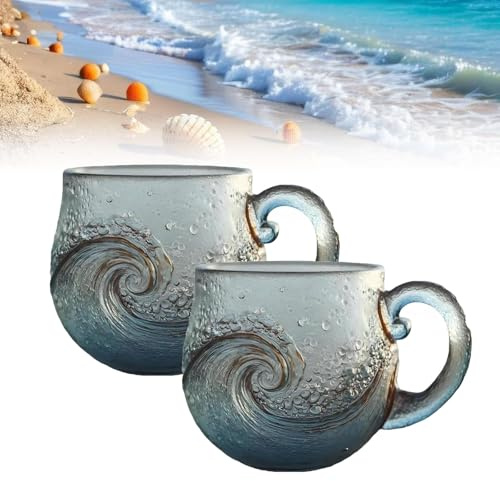 Sea Glass Wave Mug 12 Oz - Handcrafted Ocean Wave Glass Mug Cup, Ocean Inspired Waves Design, Beach Drinkware for Coffee, Wine & Ice Drinks, Gift for Coastal Decor Lovers (2Pcs)