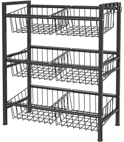 Hastatii Kitchen Storage Basket Shelf, Snack Basket Shelf, 3 Tier Fruit Vegetable Basket Stand, Metal Pantry Storage with 6 Stackable Wire Baskets, Black