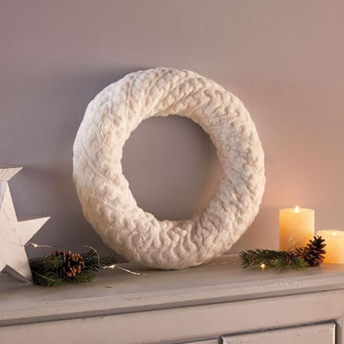 Dekoleidenschaft großer Kranz Kuschelstrick Dekokranz in Wolloptik, weiß, Ø 40 cm, Wandkranz, Türkranz, Tischkranz