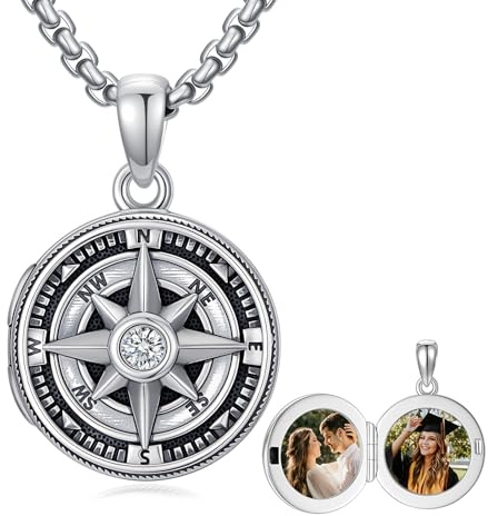 PARYFO Kompass Kette 925 Sterling Silber Kompass Medaillon Männer Foto Anhänger mit Bild Amulett zu öffnen Geschenke für Männer Frauen Vater Ehemann Weihnachten