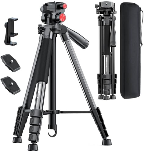 Trépied caméra 72 Aluminium Professionnel, pour Appareil Photo/DSLR/téléphone/caméscope/GoPro, avec Support téléphone et Sac de Transport (Noir Clair)
