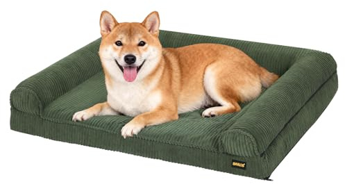 Skylos Corduroy Medium Dog Sofa Bed with Raised Bolsters, Waterproof Lined Pet Couch with Egg Crate Foam Base, Cozy Indoor Dog Bed for Medium Dogs, 93×63×22cm, Green
