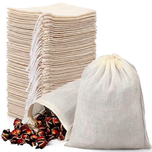 Fanfanwin 100 Pcs 2.4 x 3.1 Inch Muslin Bags with Drawstrings Spice Bags for Cooking Reusable Tea Filters Herb Containers for Cooking Loose Leaf Tea, Herbs, Spice