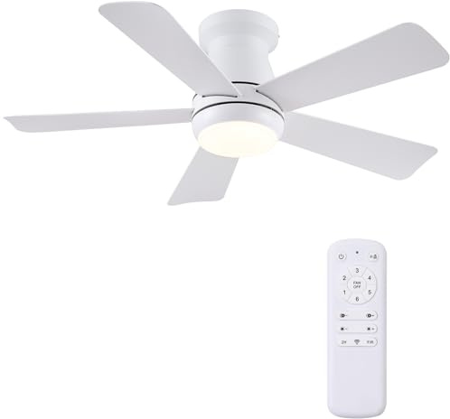 Kviflon Ventilador de Techo Silencioso para Dormitorio con Luz LED Regulable, 117 cm, Motor DC Reversible Verano/Invierno, Mando a Distancia, Diseño de Bajo Perfil para Techos Bajos, Blanco