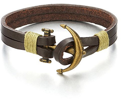COOLSTEELANDBEYOND Herr Dam Brons Ankare Omlottarmband Armband, Dubbelsnöre Brunt Läder, Nautiskt Sjöman, Medium, Läder, Ej tillämpbar