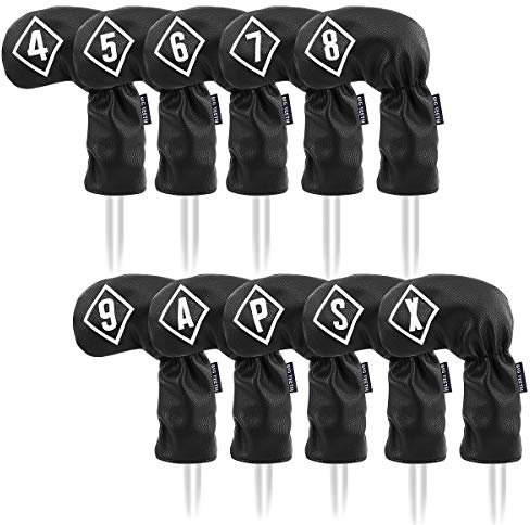 BIG TEETH Golf Iron Head Covers Headcovers 10Pcs/set 4-9,P,A,S,X Club Protector Elastic Long Neck with Big Number Waterproof Black PU Leather