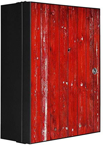 banjado Medizinschrank abschliessbar mit Motiv Rote Holzlatten 35x46x15cm - großer Arzneischrank für die Hausapotheke - Medikamentenschrank aus Metall zur Medikamenten Aufbewahrung