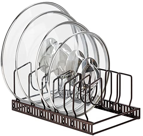 Toplife Pan Lids Organiser Rack for Kitchen Cupboard or Pantry, with 7 Adjustable Compartments, Brown