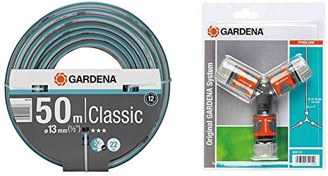 Gardena Classic Schlauch 13 mm (1/2 Zoll), 50 m: Universeller Gartenschlauch & Abzweig-Satz für 13 mm (1/2 Zoll)- und 15 mm (5/8 Zoll)-Wasserschläuche: Wasserdichter Abzweig-Verbinder