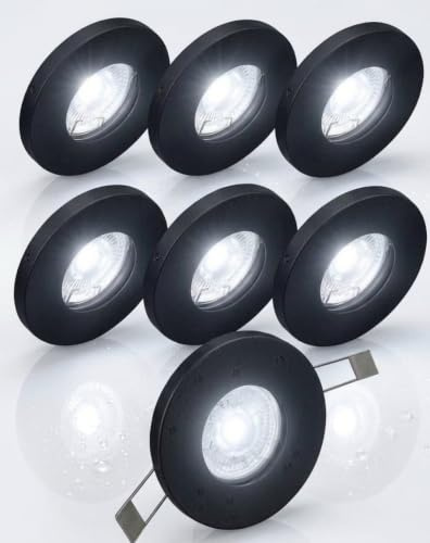 Trango 6er Set IP44 LED Einbaustrahler 6729IP-065M6KSD in Schwarz incl. 6x 6000K 5 Watt Tageslichtweiß (kaltweiß) dimmbar Ultra Flach LED Modul für Bad, Dusche, Einbauspot, Deckenlampe