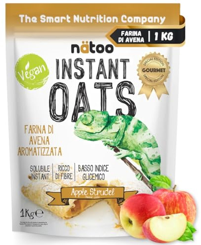 NÄTOO Farina di Avena Aromatizzata 1 Kg Instant Oats Farina Di Avena Istantanea Ideale come Preparato Per Pancake Proteici Porridge Oatmeal e Crepes Gusto Apple Strudel