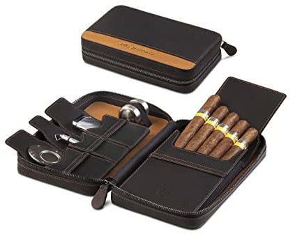 Crown & Tiger Zigarren-Etui aus feinstem Echt-Leder - Cigar Travel Case - handgefertigtes Voll-Lederetui für 5 Zigarren Stift und Zigarrenhalter (Black Camel)