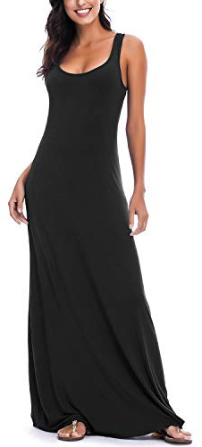 EXCHIC Femmes Casual Solide sans Manches Maxi Robe Longue D'été Sexy Plage Débardeur Robe (S, Noir)