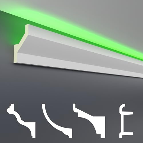 Paquete de ahorro de molduras de estuco HEXIM LED - Iluminación indirecta con molduras de techo de PU, claras y opacas- (2m LED-10) Accesorios para molduras de pared