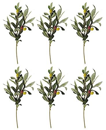 RSTYS 6 tallos artificiales de rama de oliva, tallos de rama de oliva falsos de 14.2 pulgadas, plantas artificiales, tallos de vegetación, hojas de oliva para decoración de habitación