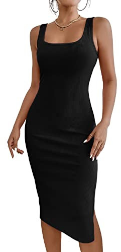 GORGLITTER Damen Tank Kleid Figurbetont Midikleid Lässig Trägerkleid Bleistiftkleid Freizeitkleid mit Schlitz Schwarz S