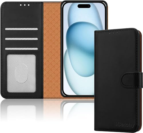 iCatchy for iPhone 15 Case 6.1 Inch, PU Leather Wallet Flip Case with Card Slots, RFID Blocking, Magnetic Closure, Stand, Full Body Protective Folio Cover (Black)