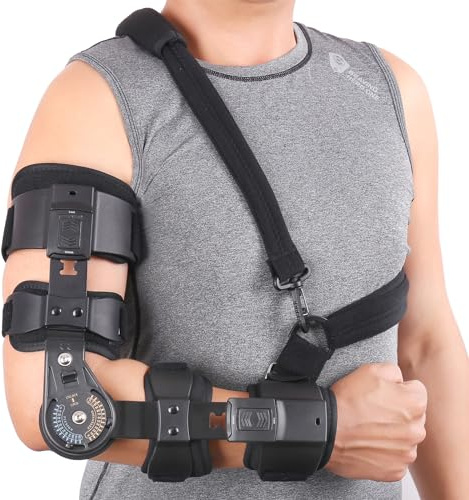 GHORTHOUD Hinged ROM Elbow Brace - Adjustable Post Op Elbow Brace Stabilizer Splint with Strap Sling Arm Injury Recovery Support After Surgery for Men Women (Black, Right)