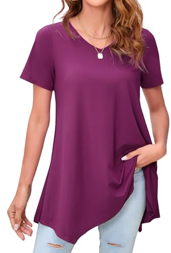 Enmain Maglietta Donna Tunica Manica Corta Estiva Scollo V Top Camicetta Longline Tinta Unita Donna Tunica con Stampata Floreale per Vacanze Primavera Estate S-3XL