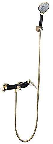 Mattschwarzer und goldener Bad-Duschhahn, wandmontiertes Doppelfunktions-Duschset aus Messing mit Blattdesign, Einhebelmischer für Kalt- und Warmwasser