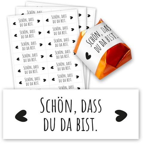 younikat Aufkleber-Set 60 Stk. Herz Spruch für Küsschen Pralinen - dv1354 | Schön dass du da bist, Gastgeschenk Hochzeit Taufe Geburtstag, selbstklebend, ohne Praline