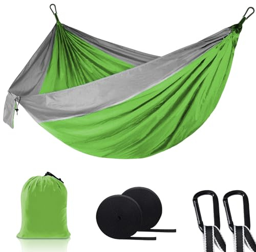 Leifyne Campinghängmatta 270 x 150 cm med remmar, bärbara hängmattor 210T fallskärmsnylon ultralätt med förvaringsväska campingtillbehör för utomhus trädgård backpacking, grön och grå