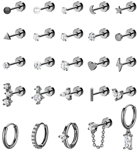 JeweBella 25 st allergivänliga zirkonörhängen, platt fäste, i kirurgiskt stål, för kvinnor, hoops med fäste, hjärtform, örhängen man kan sova i, huggies, örhängen för broskpiercings, tragus- och