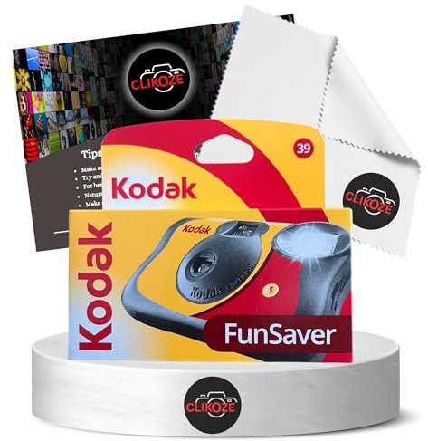 Disposable Camera Bundle with Kodak Funsaver 39 Exposure 35mm Film Single Use Camera and Clikoze Photography Tips Card and Lens Cleaning Cloth
