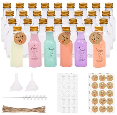 30 Stück 50ml Mini Flaschen zum Befüllen mit Deckel Fläschchen Plastik | Schnapsflaschen mit Reinigungsbürste und 2 Trichter,kleine flaschen zum befüllen für Hochzeiten,Party