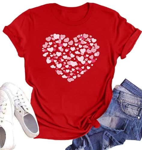 Love Heart Shirts for Women Valentines Day Tshirt Cute Love Heart Tshirts Graphic Valentine Gift Tee Casual Hearts Tops (Red3,M)