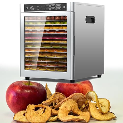 GESAIDES 12 Shelf Food Dehydrator Machine 800W Fruit Dryer Machine with LED Light Stainless Steel 0-24H Timer Commercial Dehydrators for Beef Jerky Vegetables Fruits, 30-85℃