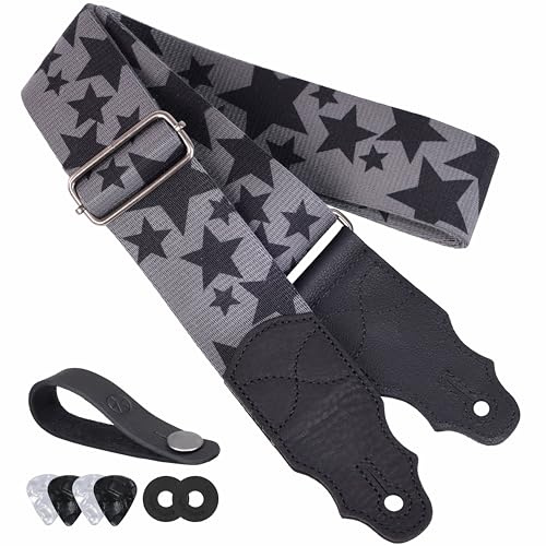 YIKOKO Guitar Strap Stars 2 Inches with Head Cowhide Leather End, for Acoustic and Bass Electric Guitars, with Free Strap Button, Strap Locks and Guitar Picks