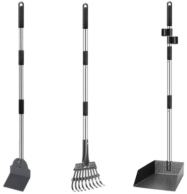 Eidoct Metal Pet Poop Scoop Dog Tray and Rake for Large Medium and Small Pets - 38 inches Long Adjustable Long Handle with Bin for Pet Waste Removal,No Bending Poop Scooper Perfect (Spade+Tray+Rake)