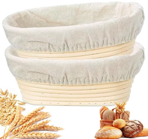 2 Pezzi Cestino Lievitazione Pane con Fodera Tessuto Lino, 25 x 15 x 8cm Cestini Pane Rattan Naturale, Cestino Fermentazione Ovale per Impasto, Cesto Pagnotta per Panettieri Domestici e Professionisti
