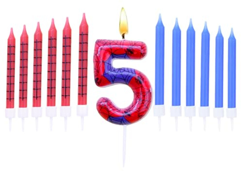 Set di candele per torta per 5 compleanno, candele blu rosse con ragnatela, numero 5 candele per torte, candele per feste a tema ragno, per ragazzi e ragazze, decorazioni per il 5 compleanno