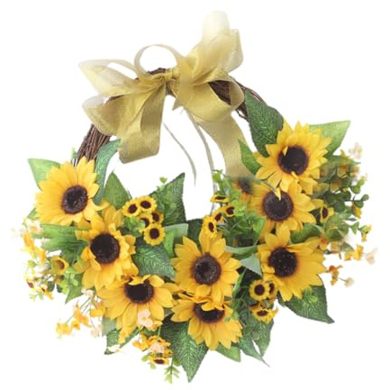 Künstlicher Sonnenblumenkranz mit Golddraht Schleife, Gelb