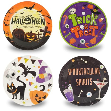 DHAIQC 48 Stück Halloween Pappteller 18cm, Gespenst Katze Kürbis Einwegteller Partyteller Kuchenteller Dessertteller Essteller für Halloween Party Zubehör