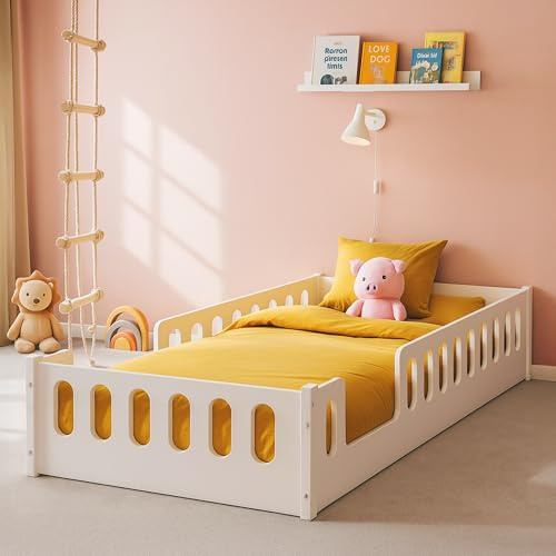 MEBLE WRÓBEL Bodenbett 90x200 cm - Montessori Kinderbett - Rausfallschutz abnehmbar & Lattenrost - bis 200 kg Belastbar - Kleinkindbett in Weiß - 2 Eingang Seitlich - ohne Matratze