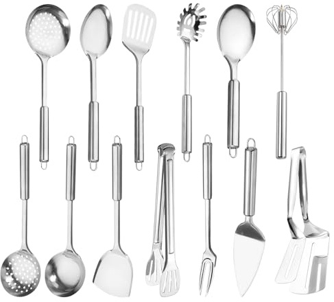 Kottwca Set di utensili da cucina in acciaio inox, 13 pezzi, resistente al calore, plastica, senza aderenti, resistenti al calore, lavabili in lavastoviglie, ideali per tutte le esigenze della cucina