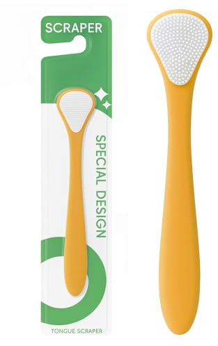 D & K Exclusives Tongue Scraper Cleaner with Soft Silicone Bristles, 1 Pack Tongue Brush for Adults & Kids, Dual Oral Care Tool for Oral Breath, Yellow