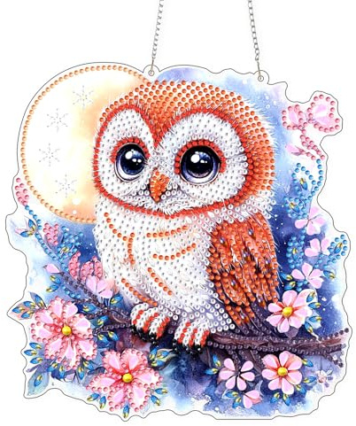 AIRDEA Niedliche Eule Diamond Painting Fensterbilder, 5D Brillante Mondblumen Diamond Painting Fensterbilder Beidseitig, Bausätze für Diamantmalerei Suncatcher Erwachsene 8x8 inch