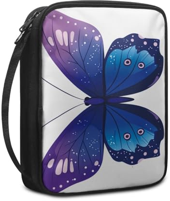 Bibelhülle Blauer Purpurer Schmetterling Buchtasche für Männer Frauen Tragbar Buchhülle Stoff Leinwand Polyester Bibel Zubehör mit Reißverschluss Griffen Bibel Hülle 27.5x22.5x5.5 cm