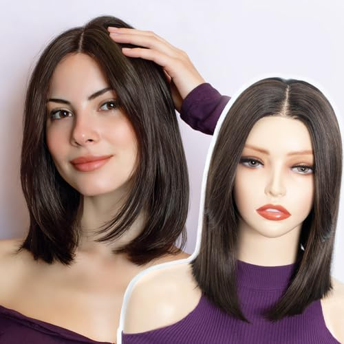 FASHION IDOL Kurzer, gerader Bob Lace-Front-Perücke für Frauen Mit nach vorne gekämmtem Pony Schmeichelt den Gesichtskonturen Klebstofffrei für den täglichen Gebrauch.