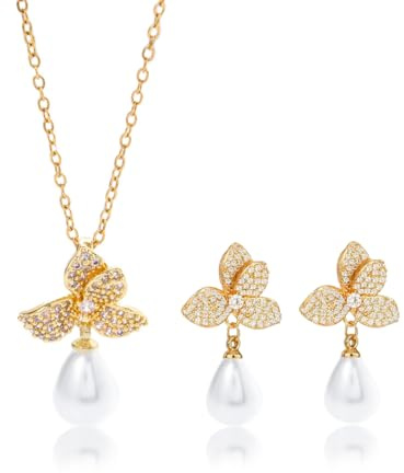 JYIXXZX Perlenschmuck Set Damen Gold Silber Perlen Blume Halskette Ohrringe Verstellbare Perlenkette mit Cubic Zirkonia Hochzeit Brautschmuck für Party Abschlussball Geschenke