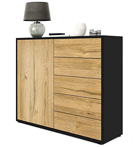 Vladon Sideboard Ben V2, Made in Germany, Kommode mit 1 Tür und 5 Schubladen, Schwarz matt/Eiche Natur (79 x 74 x 36 cm)
